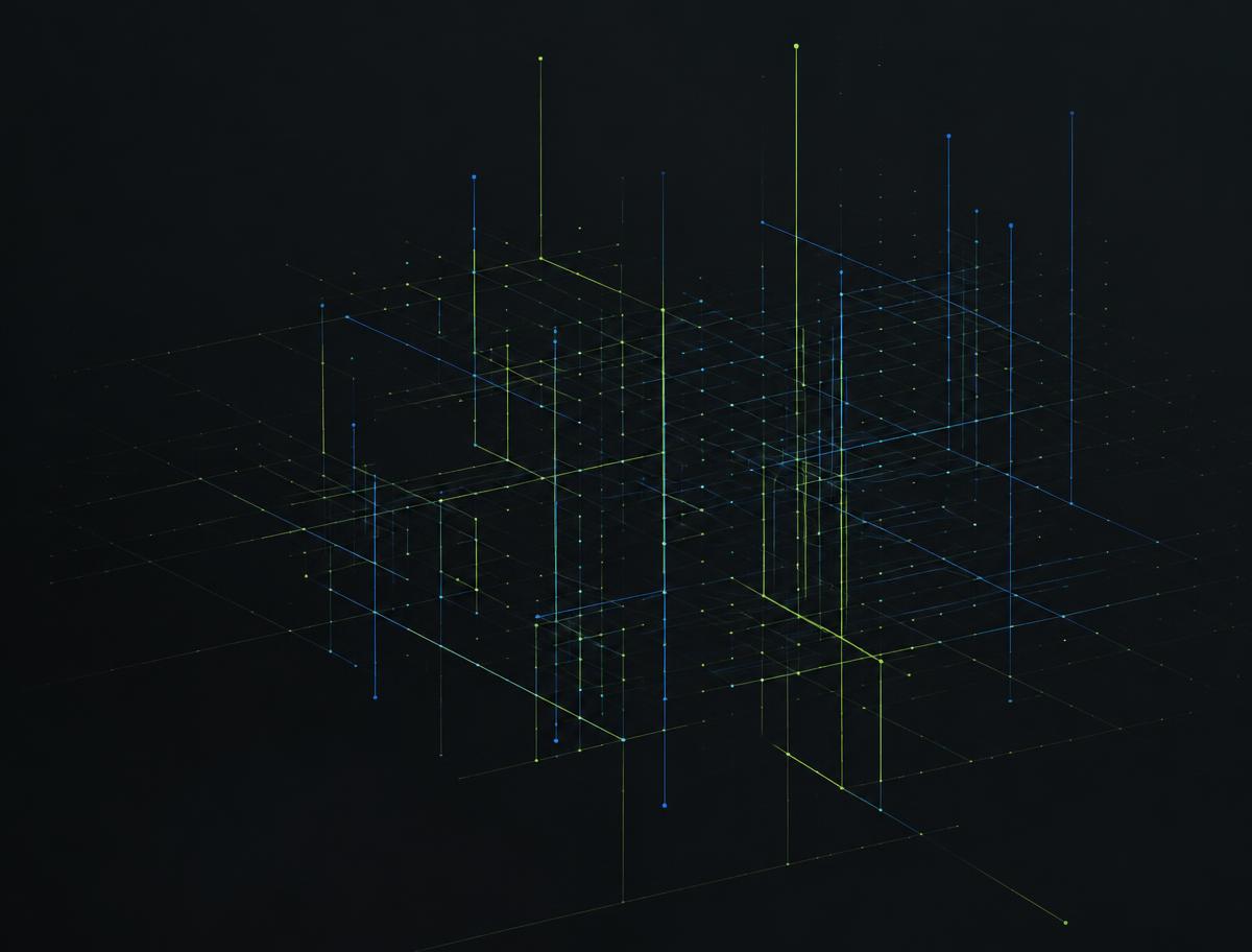 Abstract visualization of a three-dimensional data network made of thin green and blue lines